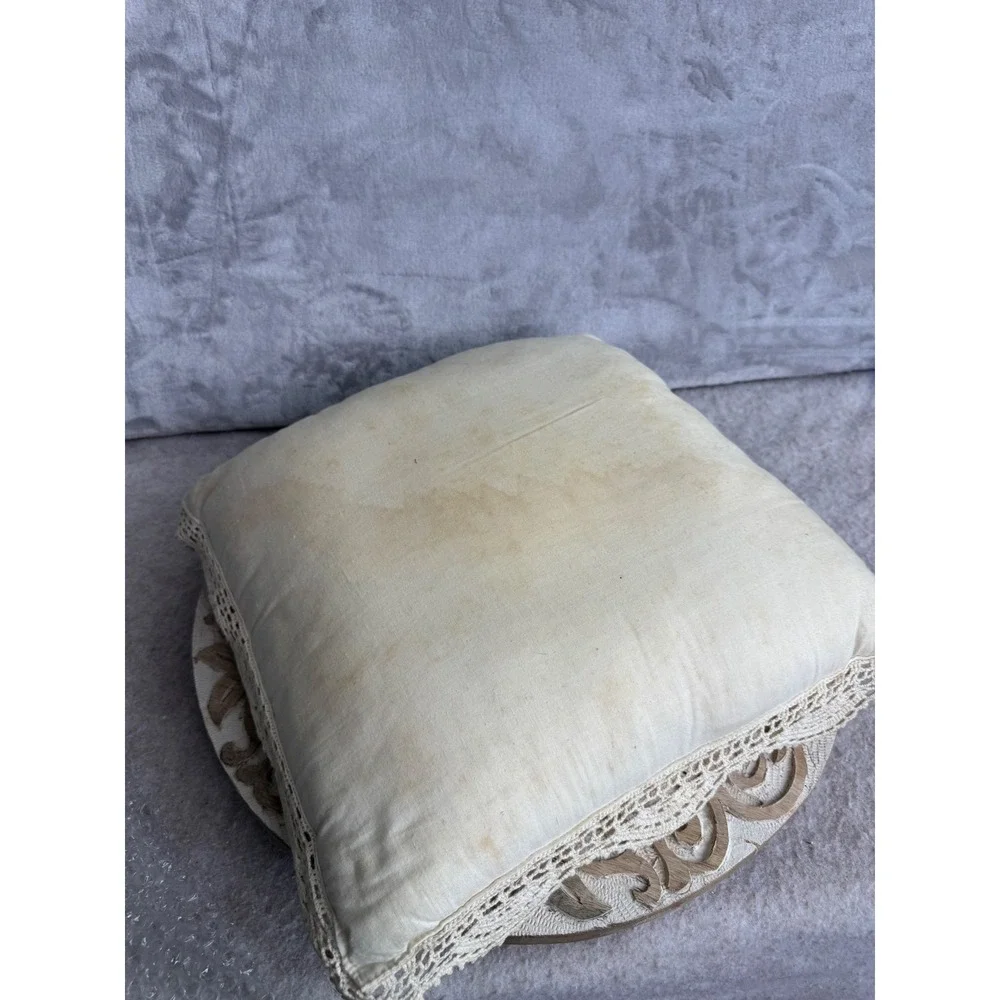 Vintage Handmade Crochet Lace Throw Pillow Cream Floral Medallion Square Accent